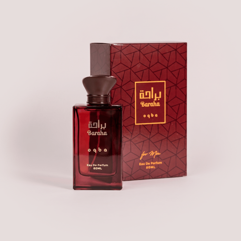 Perfume bottle and packaging with 'Baraka' branding on a light gray background