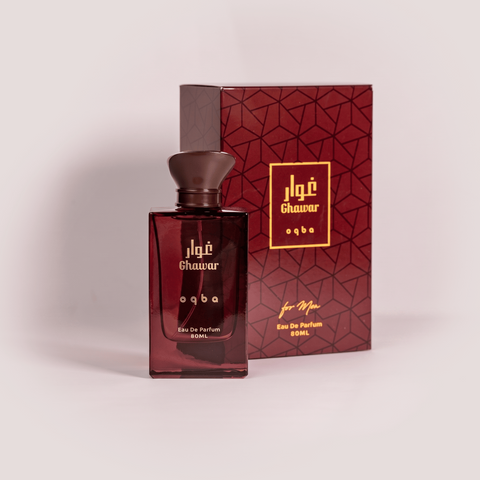 Red perfume bottle and packaging with geometric design on a light gray background