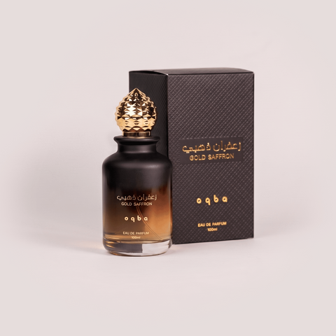 Perfume bottle and packaging with gold cap on a light gray background