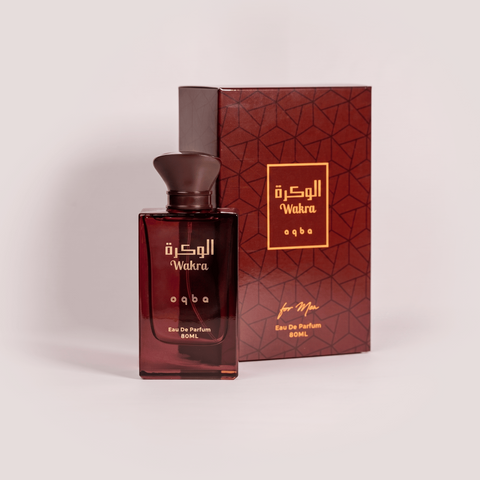Brown perfume bottle and packaging with geometric design on a light gray background